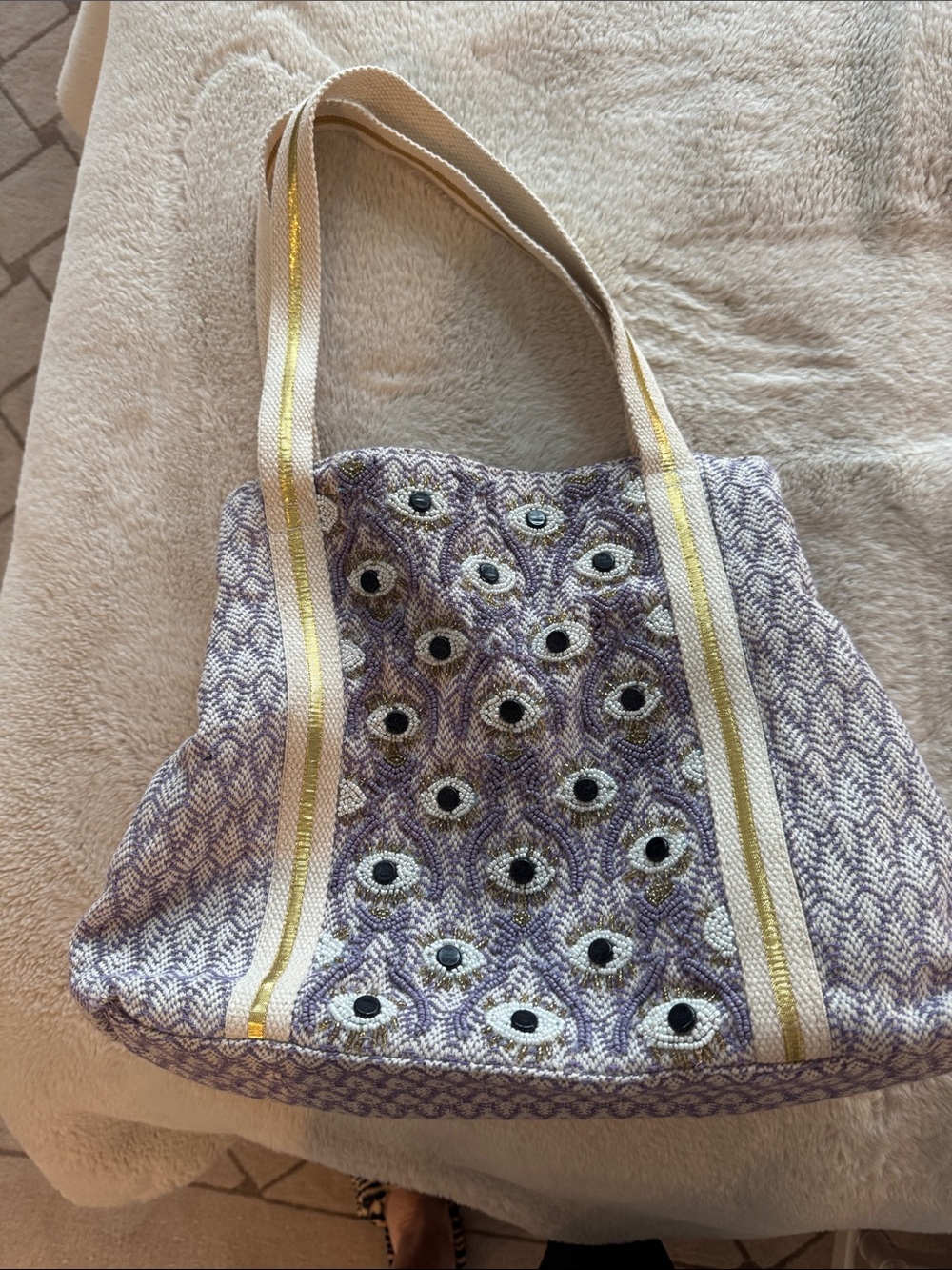 Embroidered Lavender Tote Bag with Gold-Trim Straps